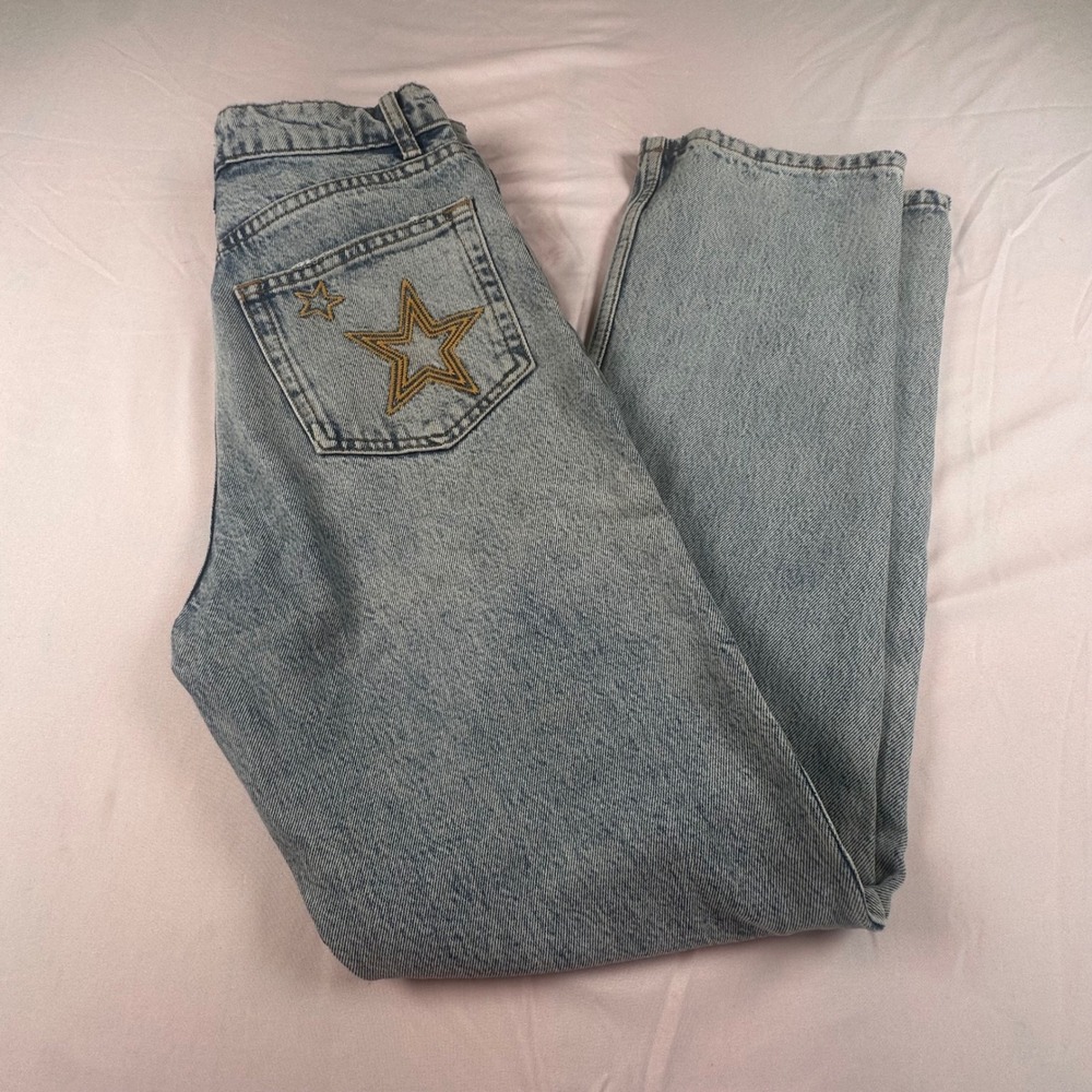Reformation Cynthia High Rise Straight Jeans Light Wash Star Embroidery Size 25